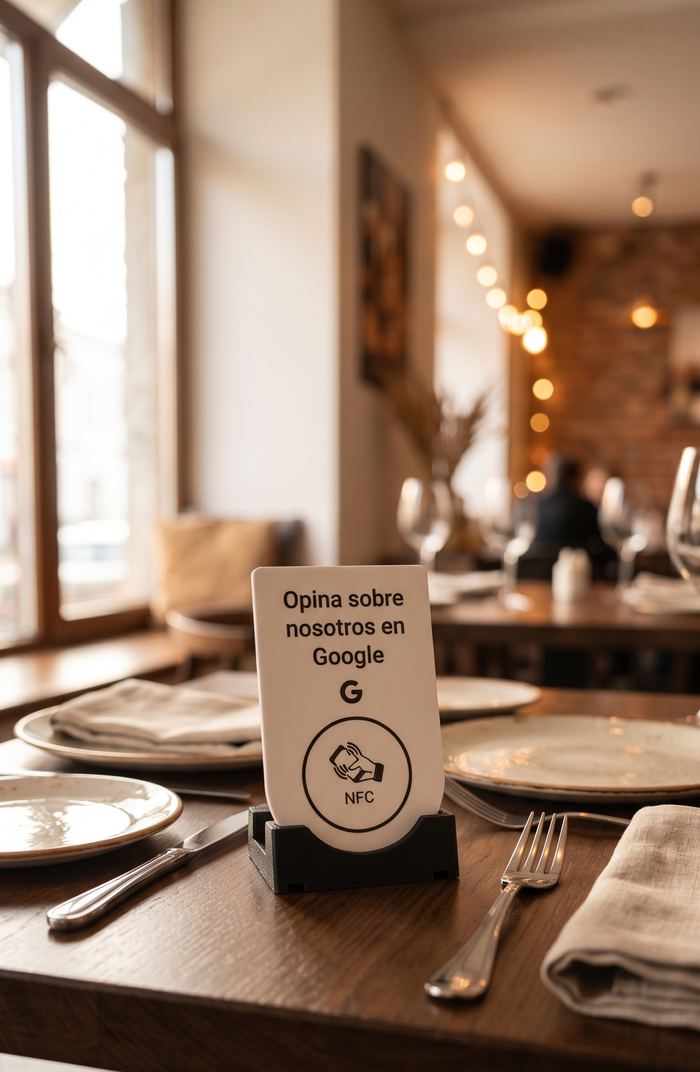 Placa NFC de reseñas apoyada en una mesa de restaurante