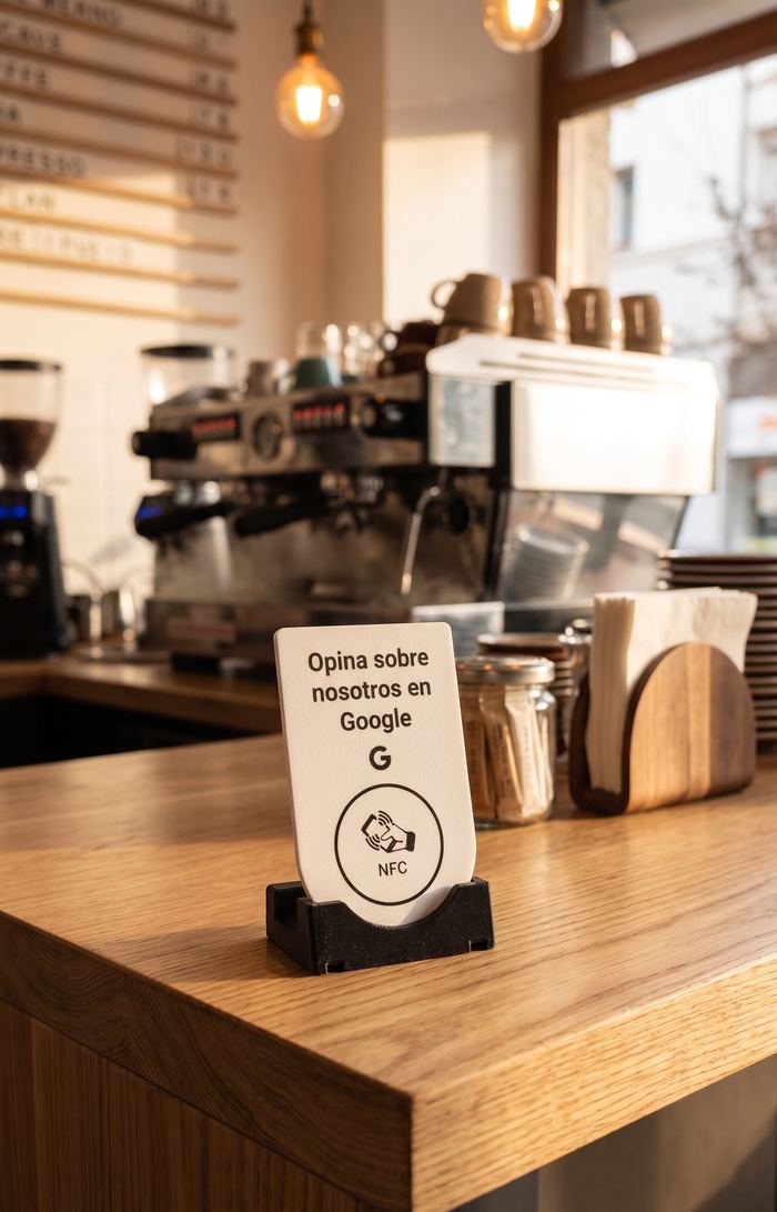 Placa NFC de reseñas apoyada en el mostrador de una cafetería